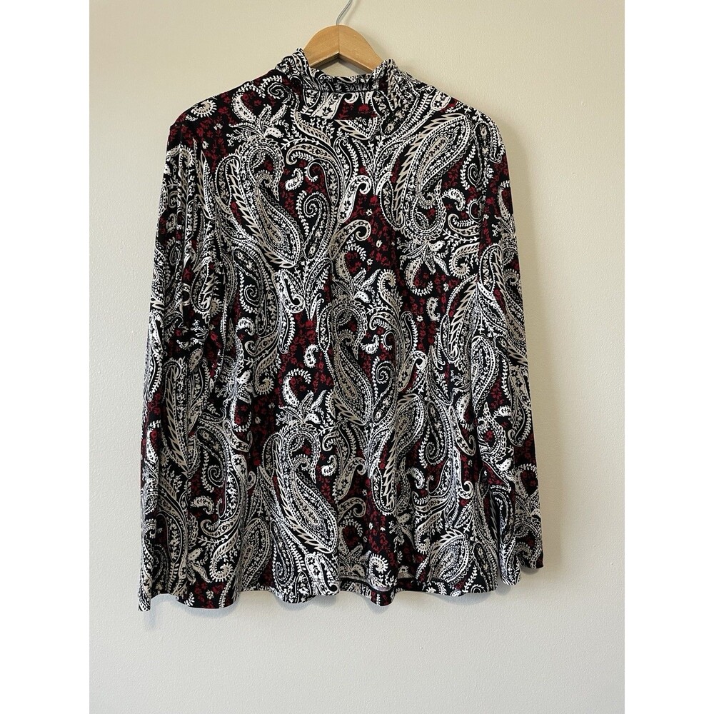 Susan Graver 1X Liquid Knit Top Red Black Paisley Mock Neck Office Travel